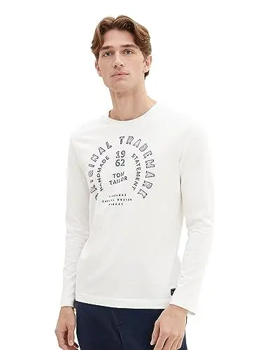 Produktbild: TOM TAILOR Herren Basic Langarmshirt mit Schrift-Print, 10332 - Off White, XL