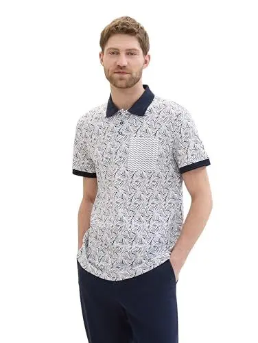 Produktbild: TOM TAILOR Herren Basic Piqué Poloshirt mit Allover-Print, navy white wavy leaf design, M