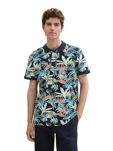 Produktbild: TOM TAILOR Herren Basic Piqué Poloshirt mit Alloverprint, navy tropical leaf design, XXXL