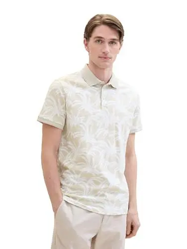 Produktbild: TOM TAILOR Herren Basic Poloshirt mit sommerlichem Allover-Print, beige white leaf design, S