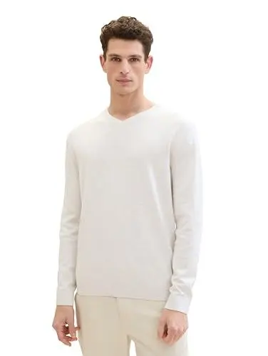 Produktbild: TOM TAILOR Herren Basic Pullover mit V-Ausschnitt aus Baumwolle, 13174 - Soft Vanilla Melange, M