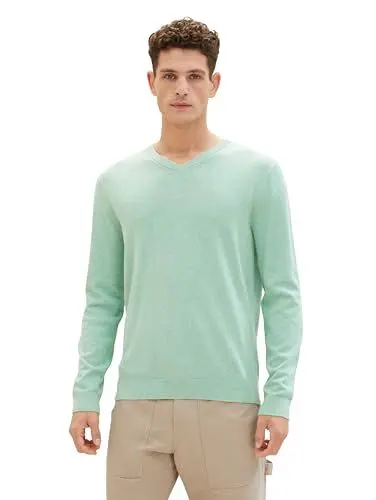 Produktbild: TOM TAILOR Herren Basic Pullover mit V-Ausschnitt aus Baumwolle, 26128 - Soft Jade Melange, L