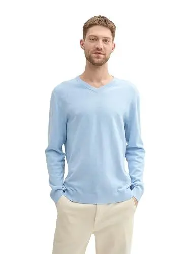 Produktbild: TOM TAILOR Herren Basic Pullover mit V-Ausschnitt aus Baumwolle, 36302 - Bright Wave Blue Melange, L