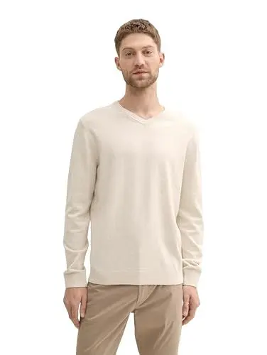 Produktbild: TOM TAILOR Herren Basic Pullover mit V-Ausschnitt aus Baumwolle, 36305 - Sand White Melange, XL