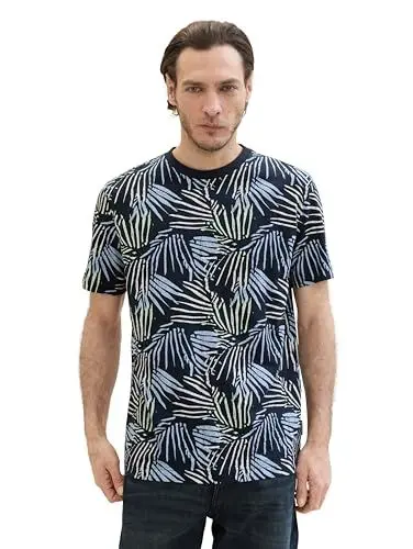 Produktbild: TOM TAILOR Herren Basic T-Shirt mit Allover-Print, navy big leaf design, XL