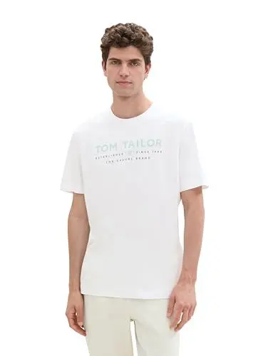 Produktbild: TOM TAILOR Herren Basic T-Shirt mit Logo-Print,20000 - White, M