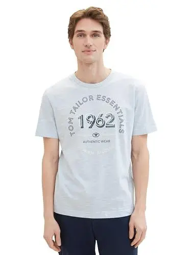 Produktbild: TOM TAILOR Herren Basic T-Shirt mit Logo-Print, foggy blue finestripe, XL
