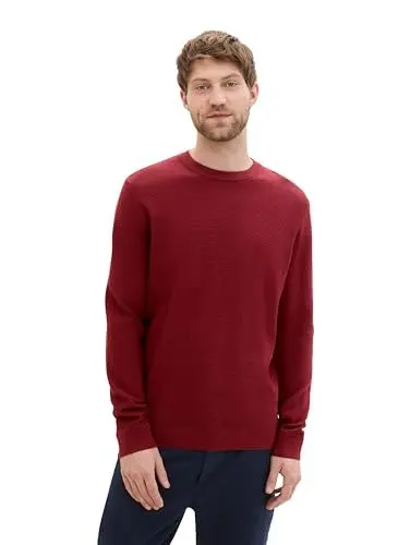 Produktbild: TOM TAILOR Herren Crewneck Strickpullover aus Baumwolle, burgundy dark red melange, L