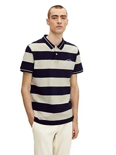 Produktbild: TOM TAILOR Herren Piquée Poloshirt mit Streifen 1030392, 29174 - Navy Cream Yarn Dye Stripe, M