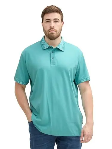 Produktbild: TOM TAILOR Herren Plussize Basic Poloshirt mit gemustertem Kragen, meadow teal, 3XL