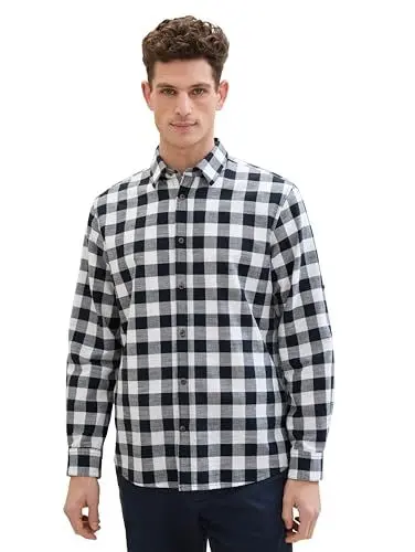 Produktbild: TOM TAILOR Herren Regular Fit Hemd mit Karomuster, 34637 - Navy Slub Vichy Check, M