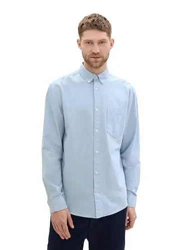 Produktbild: TOM TAILOR Herren Regular Fit Hemd mit Logo-Stickerei an der Brusttasche, 35960 - Light Blue Chambray, XL