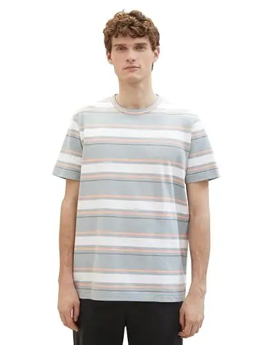 Produktbild: TOM TAILOR Herren T-Shirt mit Streifen aus Piqué, 35041 - Mint Grey Multi Stripe, XL