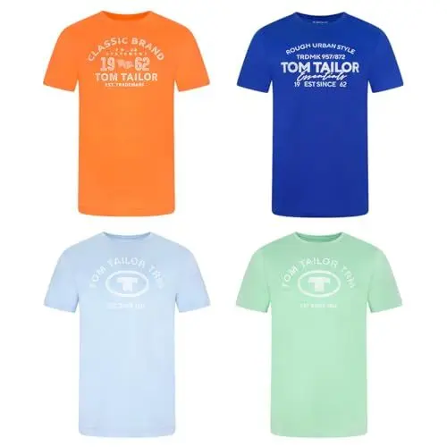 Produktbild: TOM TAILOR Tshirt Herren Baumwolle Regular Fit 4er Pack Set Rundhals Kurzarm Sommer Tee Shirt Logoprint 100% Baumwolle, Größe:XL, Farbe:Soft Basil Green (21542)