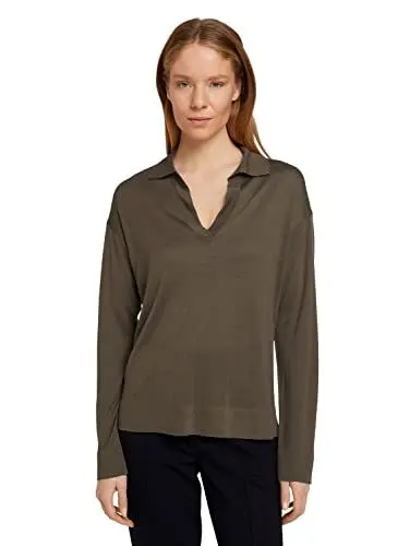 Produktbild: TOM TAILOR mine to five Damen Pullover mit Polokragen 1030400, 18123 - Tarmac Khaki, M