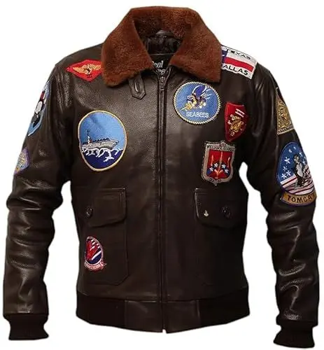 Produktbild: La Familie Clothing Tom Cruise Flight Men Leather Jacket – Top Gun Bomber Leather Jacket Men – Brown Leder Jacke – Removable Shearling Collar (DE/NL/SE/PL, Alphanumerisch, L, Regular, Regular, Brown)