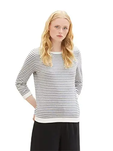 Produktbild: Tom Tailor Denim Damen Sweatshirt mit Raffarm & Streifenmuster, 26032 - Blue White Structured Stripe, L