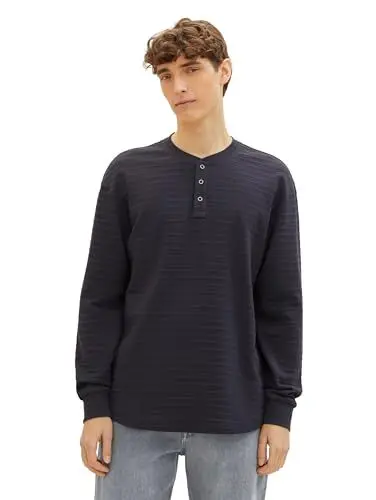 Produktbild: Tom Tailor Denim Herren Basic Henley-Langarmshirt mit Struktur, 29476 - Coal Grey, M