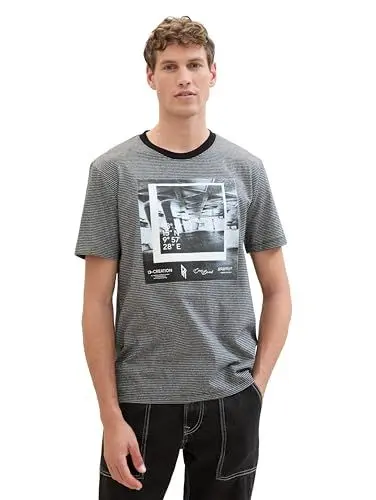 Produktbild: Tom Tailor Denim Herren Basic T-Shirt mit Foto-Print und Streifen, 34991 - Black Melange Mini Stripe, M
