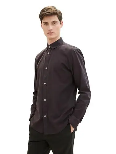 Produktbild: Tom Tailor Denim Herren Regular Fit Basic Hemd mit Struktur, 34773 - Black Herringbone Structure, L