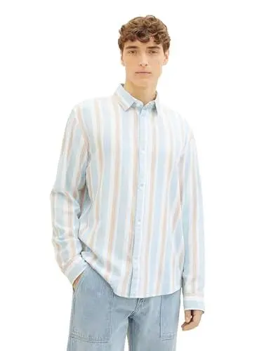Produktbild: Tom Tailor Denim Herren Relaxed Fit Hemd mit Streifen, 34769 - Pastel Blue Orange Big Stripe, L