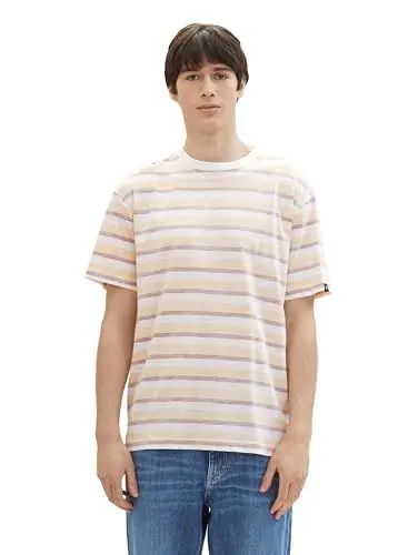 Produktbild: Tom Tailor Denim Herren Relaxed Fit Streifen T-Shirt aus Baumwolle, 34983 - Peach Multi Stripe, XL