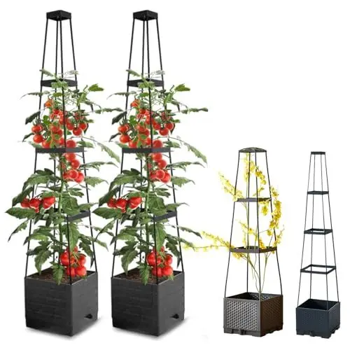 Produktbild: Tomaten Rankhilfe Obelisk mit Blumenkasten, 2 Stück Tomatentopf Pflanzkübel mit Rankgitter für Tomaten & Kletterpflanzen, Tomatenturm Pflanzkasten mit Wasserspeicher den Innen- und Außenbereich