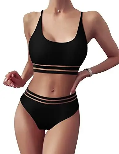 Produktbild: TOMEEK Damen Bikini Set mit Mesh Zweiteilig Badeanzug Push up Gepolstert High Cut Sport Bademode Hohe Taille Bikinis für Frauen(Schwarz,L)