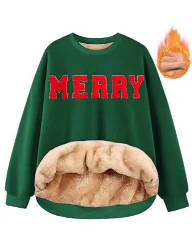Produktbild: TOMEEK Pullover Damen Winter Warmes Sweatshirt Fleece Sherpa Gefütterter Merry Briefe Drucken Langarm Rundhals Casual Oberteil Elegant Sweatshirt Damen Ohne Kapuze(Grün,XXL)