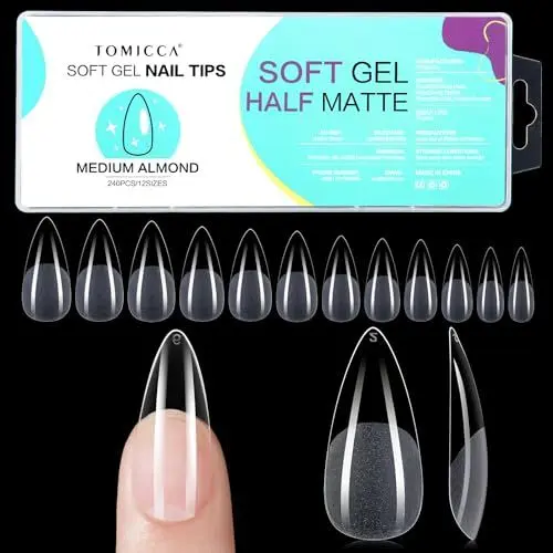 Produktbild: TOMICCA Almond Medium Nageltips-Tips für Gelnägel,Gel Full Cover Nail Tips, Pre-Shaped Halbmatt tips nägel Gelly Nagelspitzen für Acrylnägel-240 Pieces 12 Sizes