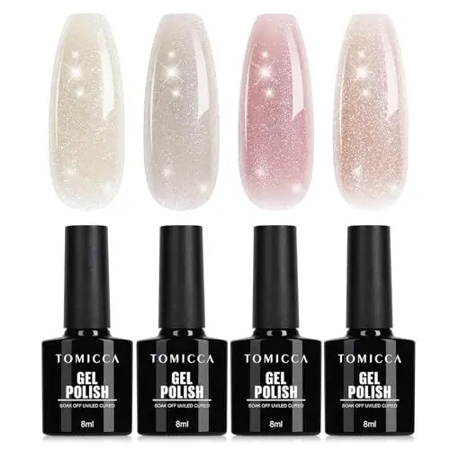 Produktbild: TOMICCA Glitter UV Nagellack 4 Farben Rosa Beige Nude Farbe Set Gel Nagellack Langanhaltender Glitter Gel Lack, für Nagelstudio DIY Home, 8ML