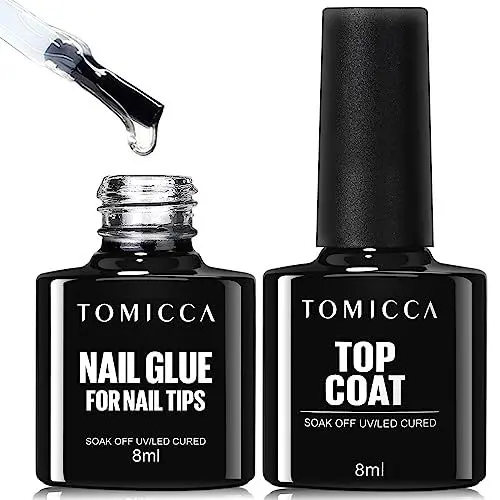 Produktbild: TOMICCA Nagelkleber und Top Coat 8 in 1 Set-Nagel Kleber, Extra Stark Gel Nail Glue Nagelkleber Für Nägel, Professionelle Salon-Qualität, UV/LED Soak-Off, 8 ml * 2