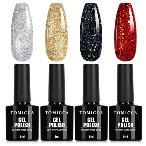 Produktbild: TOMICCA UV Nagellack Glitzer Set, 4 Farben Rot Weiß Schwarz Glitter Gel, Soak-Off UV/LED Schellack für Nagelstudio und DIY Maniküre zu Hause, 8ML