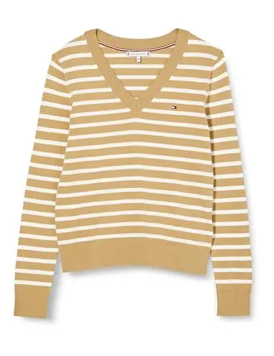 Produktbild: Tommy Hilfiger Damen Pullover Jersey V-Neck Strickpullover, Mehrfarbig (Classic Khaki/ Ecru Stp), S