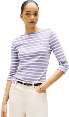 Produktbild: Tommy Hilfiger Damen Langarmshirt New Cody Slim U-Boot-Ausschnitt, Violett (Purple/Ecru STP), XL
