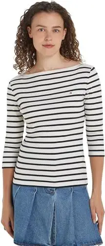 Produktbild: Tommy Hilfiger Damen Langarmshirt Slim U-Boot-Ausschnitt, Mehrfarbig (Breton Ecru/Desert Sky), S