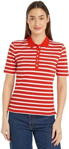 Produktbild: Tommy Hilfiger Damen Poloshirt Kurzarm 1985 Pique Stripe Polo Regular Fit, Mehrfarbig (Breton Fierce Red/Ecru), S