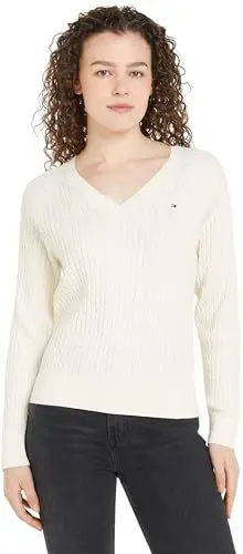 Produktbild: Tommy Hilfiger Damen Pullover Cable Sweater mit V-Ausschnitt, Elfenbein (Ivory Petal), L