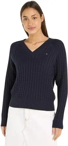 Produktbild: Tommy Hilfiger Damen Pullover Co Cable V-Neck Sweater Strickpullover, Blau (Desert Sky), XL