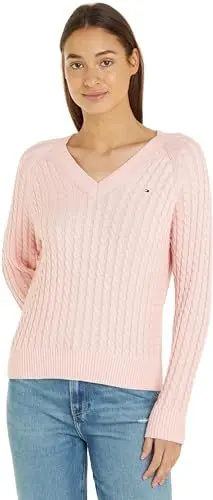 Produktbild: Tommy Hilfiger Damen Pullover Co Cable V-Neck Sweater Strickpullover, Rosa (Whimsy Pink), L