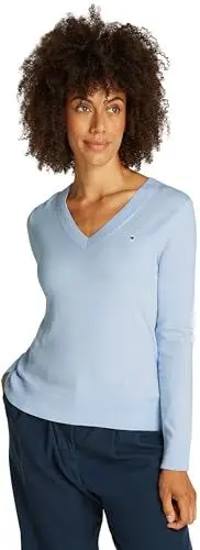Produktbild: Tommy Hilfiger Damen Pullover Jersey V-Neck Strickpullover, Blau (Breezy Blue), L