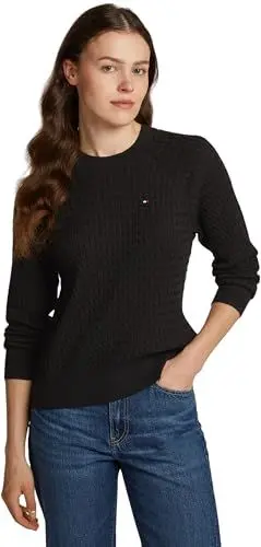 Produktbild: Tommy Hilfiger Damen Pullover Zopfmuster Strickpullover, Schwarz (Black), L