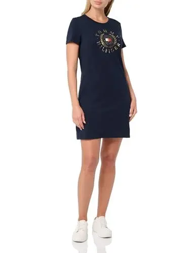 Produktbild: Tommy Hilfiger Damen Short Sleeve Metallic Logo Cotton T-Shirt Dress Lässiges Kleid, Kapitän des Himmels (Sky Captain), X-Groß