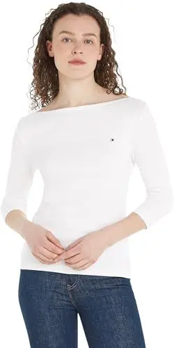 Produktbild: Tommy Hilfiger Damen T-Shirt Dreiviertelarm New Cody Slim U-Boot-Ausschnitt, Weiß (Ecru), XL