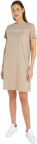 Produktbild: Tommy Hilfiger Damen T-Shirt Kleid Logo Baumwolle, Beige (Beige), S