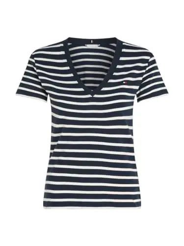 Produktbild: Tommy Hilfiger Damen T-Shirt Kurzarm New Slim Cody V-Ausschnitt, Mehrfarbig (Breton Stp/ Desert Sky/ Ecru), L