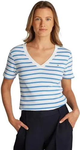 Produktbild: Tommy Hilfiger Damen T-Shirt Kurzarm New Slim Cody V-Ausschnitt, Mehrfarbig (Ecru/Blue Spell STP), L