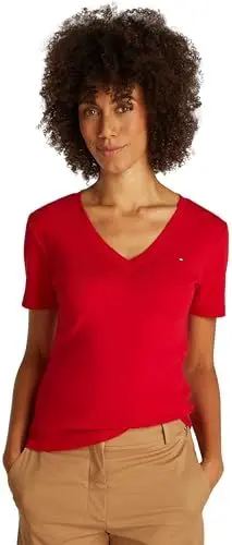 Produktbild: Tommy Hilfiger Damen T-Shirt Kurzarm New Slim Cody V-Ausschnitt, Rot (Primary Red), S