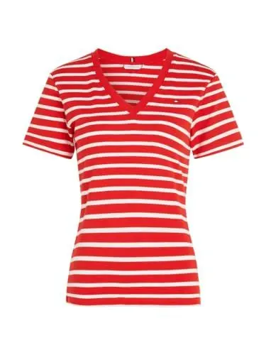 Produktbild: Tommy Hilfiger Damen T-Shirt Kurzarm New Slim Cody V-Neck V-Ausschnitt, Mehrfarbig (Breton Fierce Red/Ecru), S