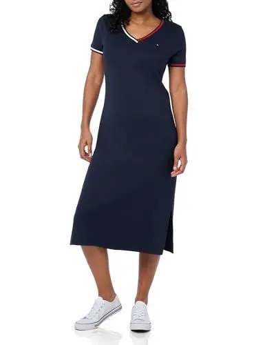 Produktbild: Tommy Hilfiger Damen V-Neck Stripe Trim Midi T-Shirt Dress Lässiges Kleid, Kapitän des Himmels (Sky Captain), X-Groß